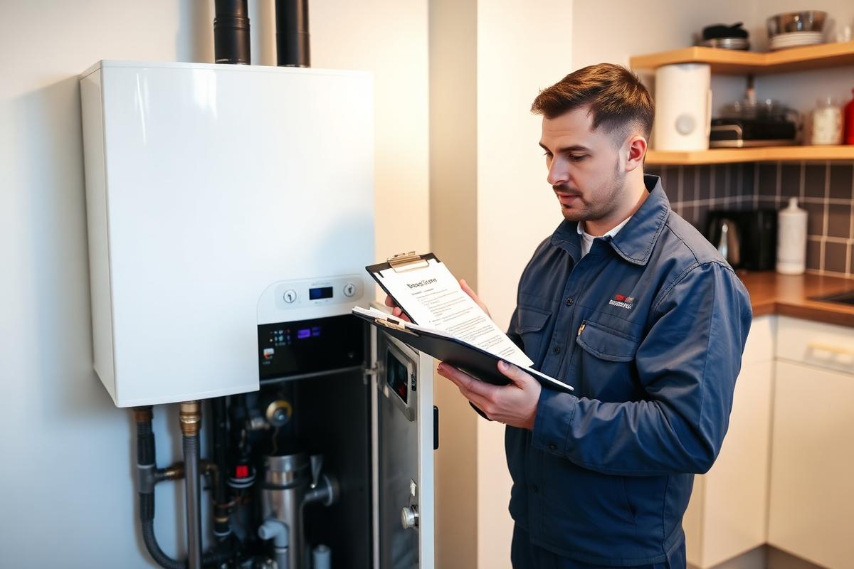 Engineer writing up a boiler service report next to a serviced combi boiler