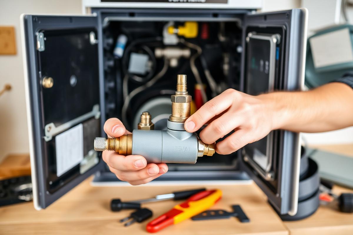 Engineer holding a replacement boiler valve in front of an open combi boiler