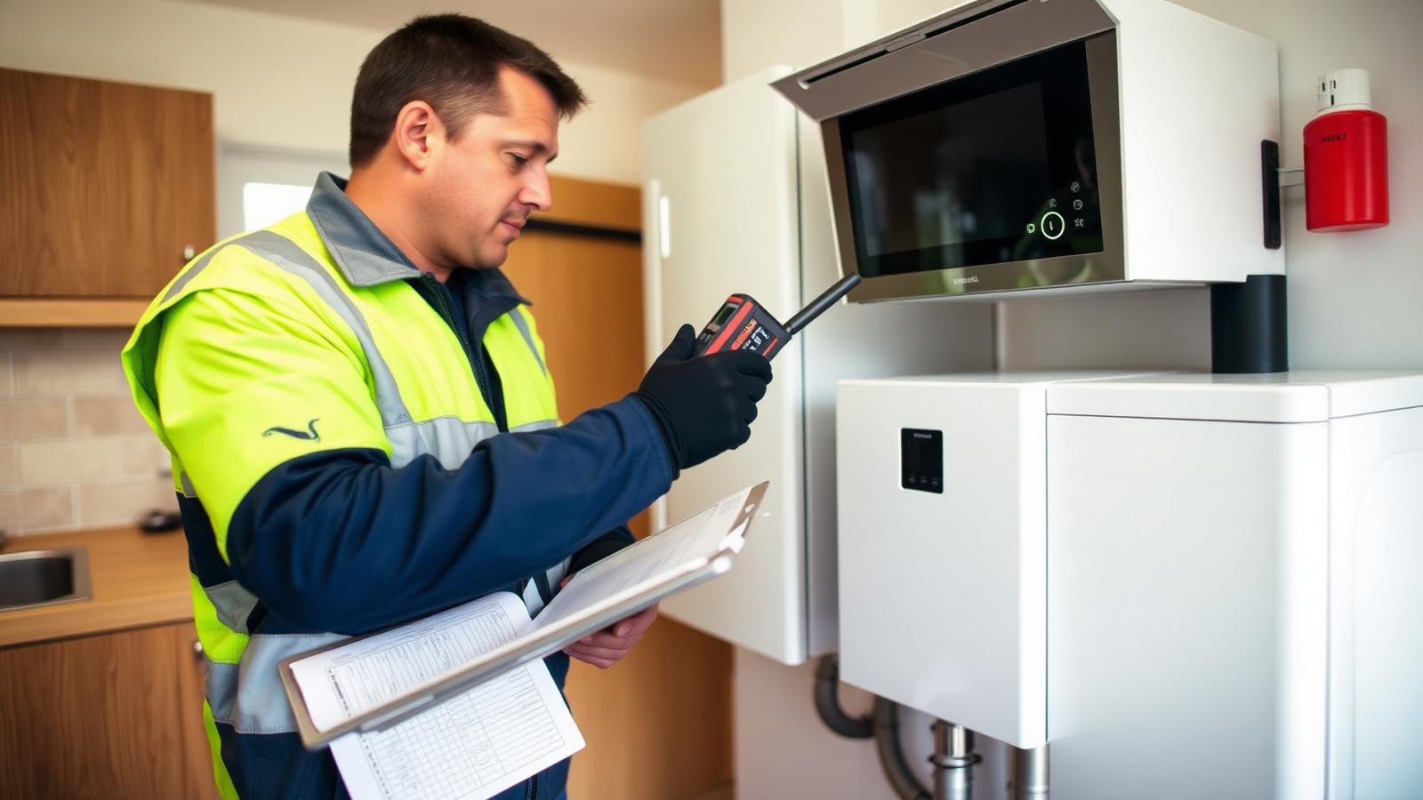 Engineer carrying out an annual boiler service with a flue gas analyser