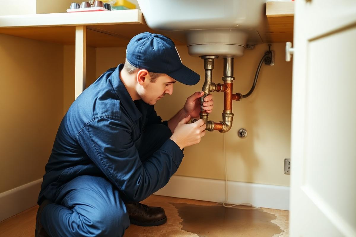 Plumber shutting off a stop tap on copper pipework under a sink