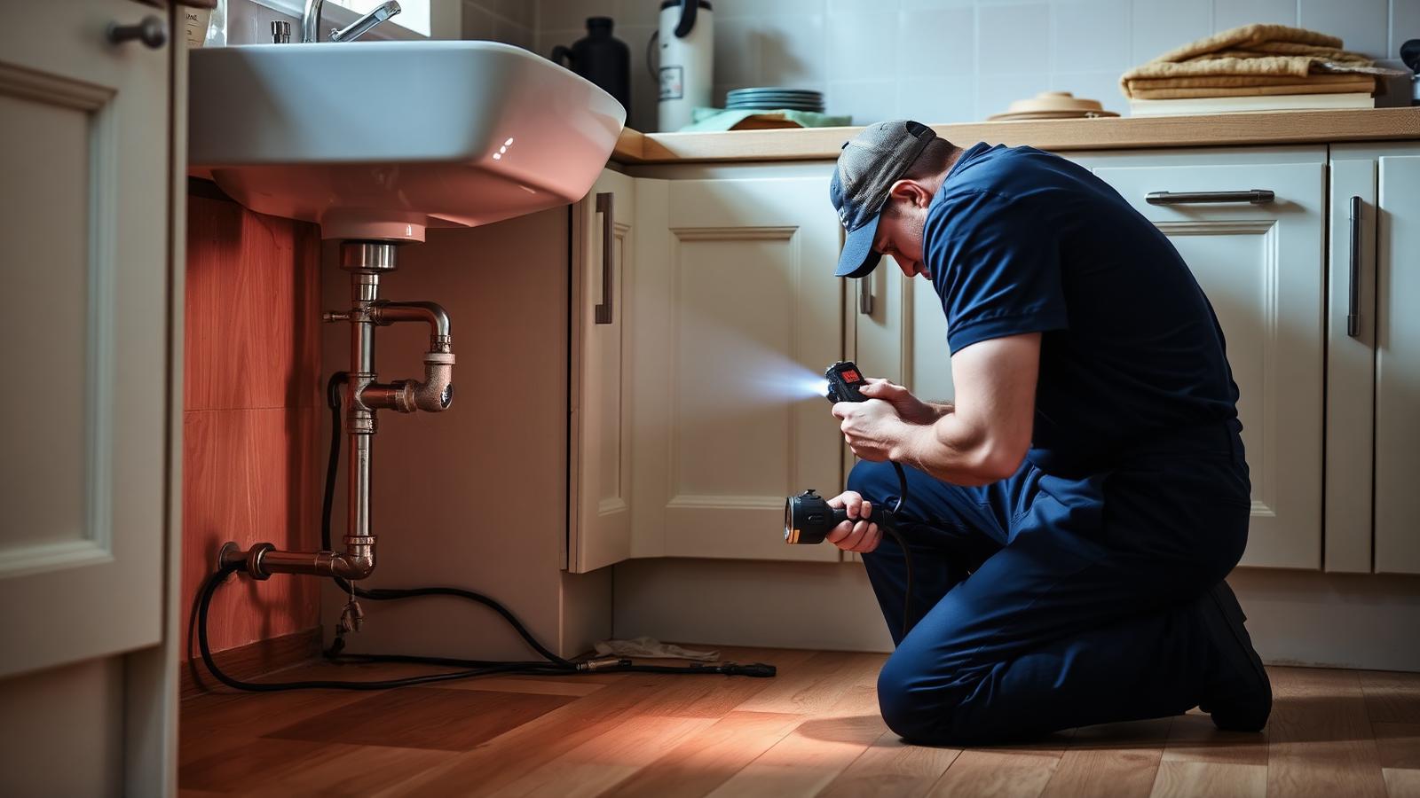 Plumber locating a leaking pipe under a kitchen sink