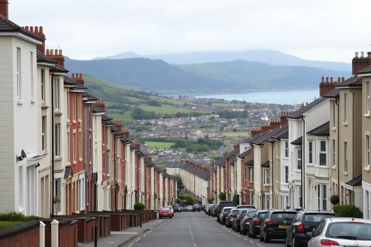 Terraced houses on a Swansea hillside street looking down towards the bay