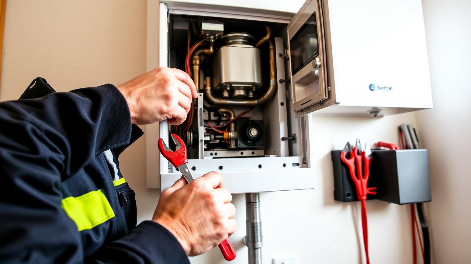 Engineer repairing an open combi boiler